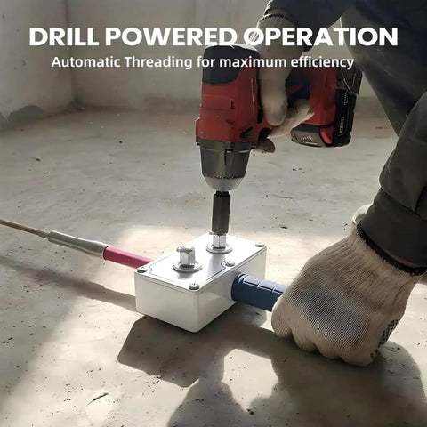 The ULTIMATE Professional Electrician Wire Pulling Assistant Tool in action, featuring drill powered operation and durable metal build.