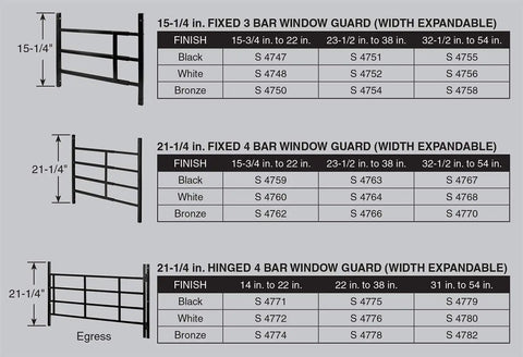 Product chart of window guards with dimensions and finishes, showing expandable options; focus on Kid Proof Window Guard With Tamper Resistant.