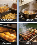 Image showcasing food types: fries in fryer, soup in pot, baked desserts, and grilled skewers, ideal for using Digital Meat Thermometer With Extra Long 304 Stainless Probe, Waterproof And Quick Read, A Real Kitchen And BBQ Must Have, Ultra Accurate From -50C To 300C, Great For Candles, Liquids, Sauces, And More.
