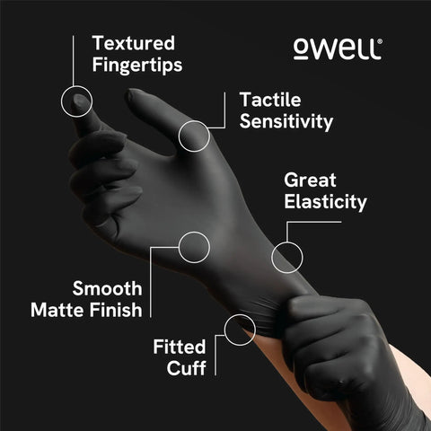 Hands wearing Black Nitrile Disposable Gloves X Small 100 Count, 4 Mil, Powder Free, Latex Free, showing features and grip.