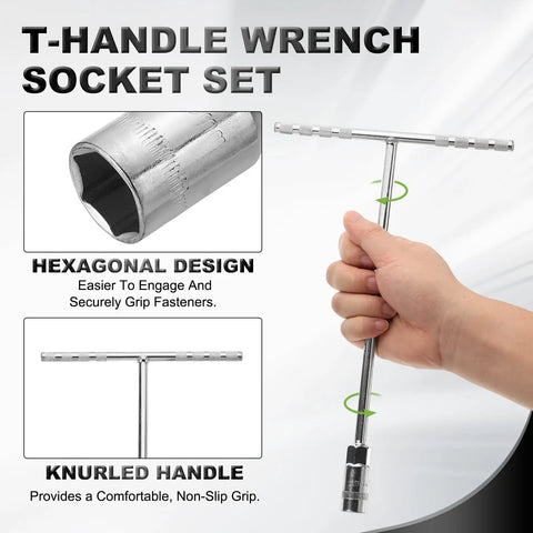 Hand gripping 7Pc T Handle Socket Wrench Set With Long Reach In 8 10 12 13 14 17 19mm 6 Point Steel Wrenches Hexagonal T Grip.