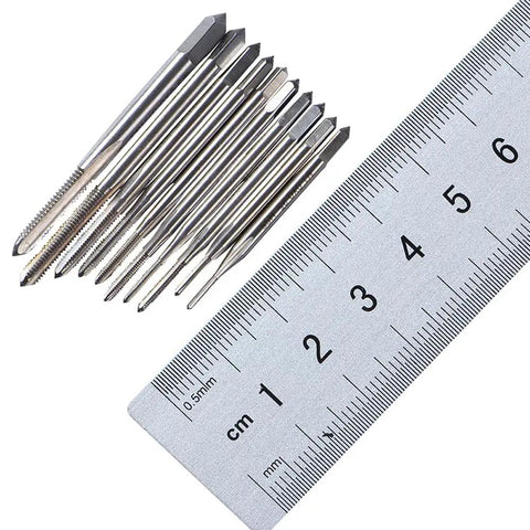 High Speed Steel Mini Metric Tap Kit, 10 Piece Threaded Tap Set For M1 to M3.5 Threads shown with ruler for scale