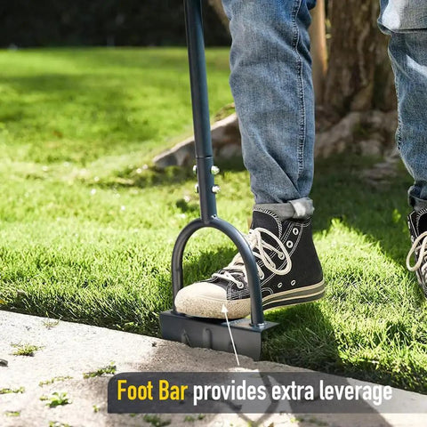 Saw Tooth Lawn Edger With T Grip Handle For Long Reach 38 Inch Half Moon Edging Tool pressed into grass by foot for neat edge