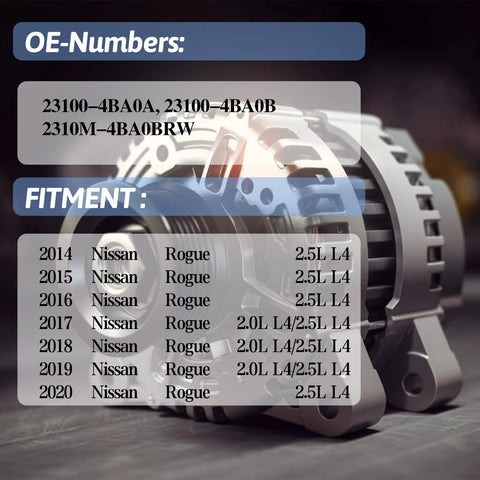 Drop In 120A Alternator Replacement For Nissan Rogue 2014 To 2020 2.5L L4 And 2017 To 2019 2.0L L4 Electric And Gas, OE numbers visible