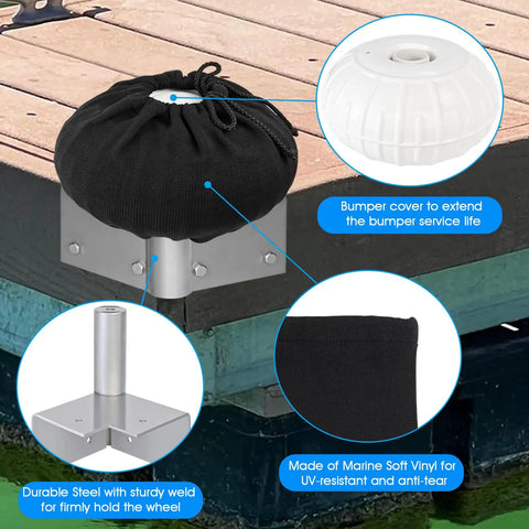 Dock Wheel Bumpers For Boats, Corner Mount Fender Covers, shown with hardware and protective cover on dock corner.