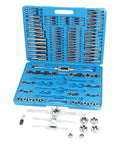 110 Piece Metric And SAE Tap And Die Set For Metalworking With Beefy Alloy Steel Titanium Tools Precision Taps And Dies Heavy Duty Hand Tools Kit For DIY Enthusiasts And Pro Shops Engraved Size Markings For Quick Reference in open blue case with tools displayed