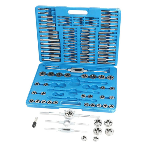 110 Piece Metric And SAE Tap And Die Set For Metalworking With Beefy Alloy Steel Titanium Tools Precision Taps And Dies Heavy Duty Hand Tools Kit For DIY Enthusiasts And Pro Shops Engraved Size Markings For Quick Reference in open blue case with tools displayed