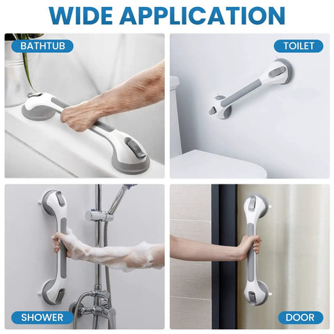 Top Shelf Shower Grab Bar With Heavy Duty Suction Mount For Seniors Elderly Portable Non Slip Bathroom Safety Handle No Sweat Setup Versatile 16 Inch Grey Support Rail Grip in use on bathtub, toilet, shower, and door.