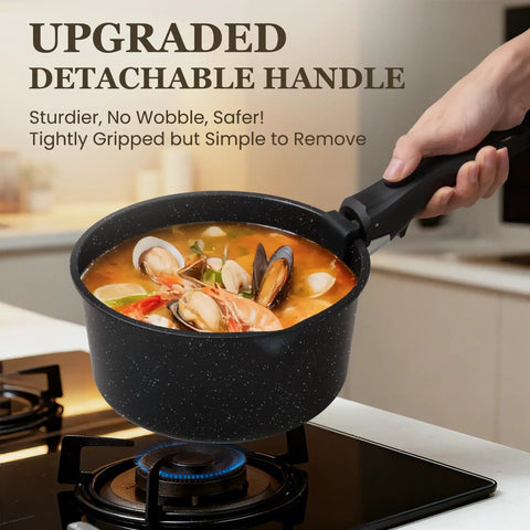 Hand holding nonstick pot with detachable handle, cooking seafood soup on stove, part of Nonstick Pots And Pans Set For RV Living 20 Pack