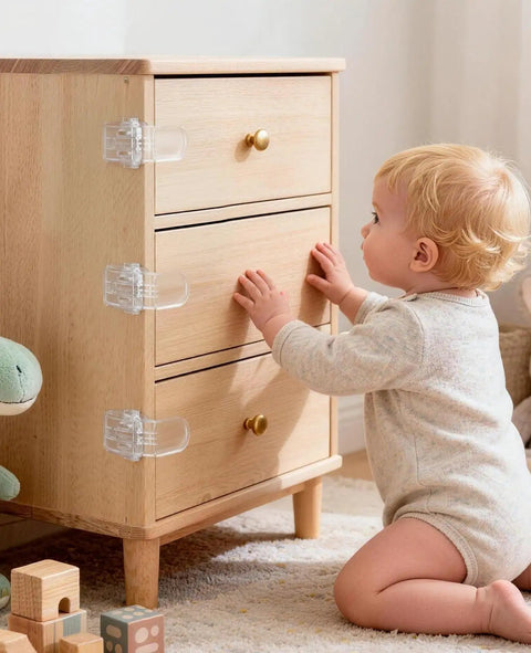 Toddler reaching for drawers secured with Six Pack Clear Baby Drawer Locks Zero Sweat Install Keep Little Rascals And Fur Babies Locked Out.