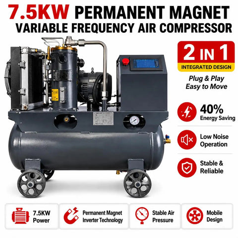 Heavy Duty 10Hp Portable Rotary Screw Air Compressor With 7.5Kw Motor And 30 Gal Tank Offers Steady Air Supply For Industrial Use Perfect For Pneumatic Wrenches And Heavy Tools Reliable Performance
