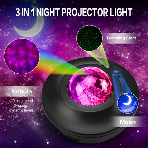 Stellar Sky Projector 3 In 1 Nebula Moon And Star Light with RGB colors projected and controls displayed