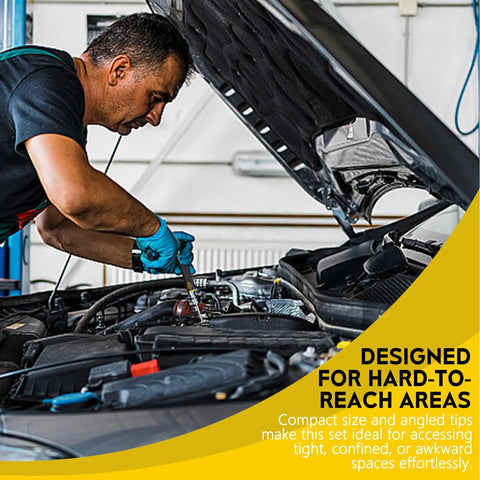 Mechanic using 4 Piece Hook And Pick Set For Automotive And Home Repairs With Ergonomic Handles, Shop Grade Quality, Handy For Tackling Tight Spots, Includes Straight Pick Full Hook 90 Degree Hook And 135 Degree Hook, Great For O Ring Tasks on engine