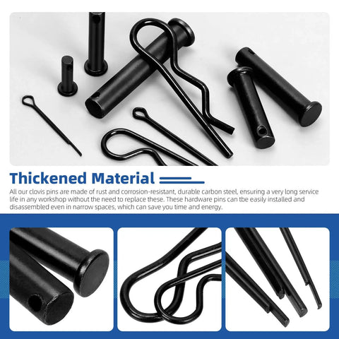 Clevis Pins Set With Cotter Pins And R Clips In 16 Sizes, Black Finish, showing thickened material details.