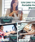 Electric Lunch Box Food Heater On The Go Car And Truck Warmer, 80W, 12V 24V 110V Power, 304 Stainless Steel Inner Container, Green