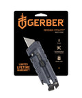 Gerber Prybrid Utility blue multi-tool with pocket clip, on black packaging showing 8 tools and exchangeable blade.