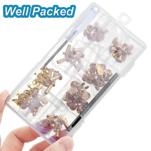 Hella Tough Solid Brass Chicago Screws And Leather Rivet Studs Kit Featuring Slick Plated Finish And 8mm Heads in clear organizer.