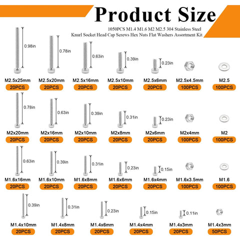 Dope 1050 Piece 304 Stainless Steel Knurled Socket Head Cap Screws Hardware Kit showing product sizes M1.4 to M2.5.