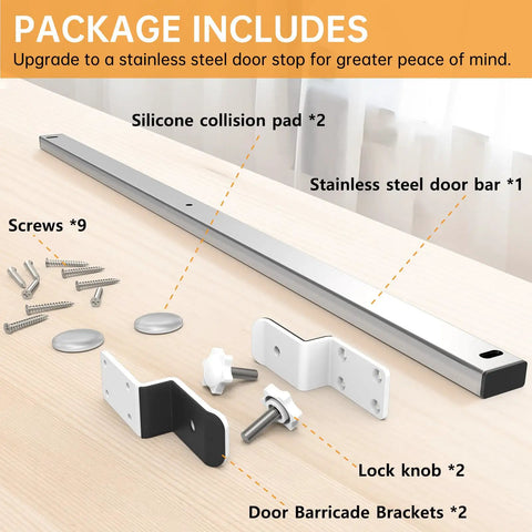 Tough As Nails 38 Inch Stainless Steel Interior Door Security Bar Fits 32 To 35 Inch Openings With Cushioned Pads assembly parts laid out on a table.