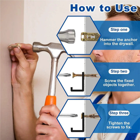 Self-Drilling Drywall And Concrete Anchor Kit With Easy Install Heavy Duty Screws In Yellow Zinc Plated Carbon Steel No Drill Holes Needed Rust Resistant Wall Anchors For Shelves TVs And Heavy Mounts; hammer-in drywall install guide