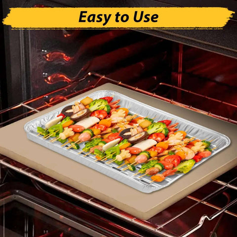 50 Pack Half Size Aluminum Pans Disposable Cookie Sheets Nonstick Baking Trays in oven with skewers