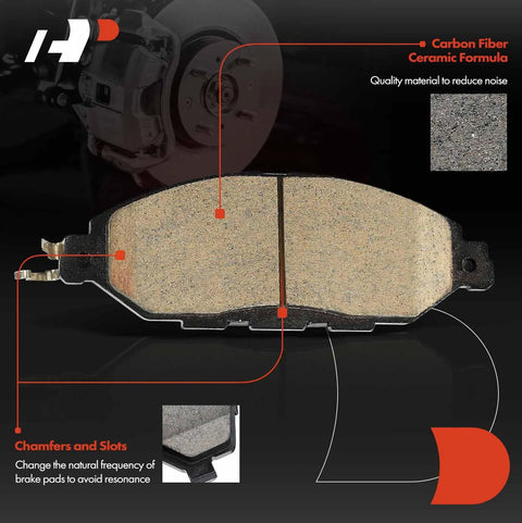 Front view of ceramic brake pad from 12.6 Inch Front Drilled And Slotted Disc Brake Rotors With Ceramic Pads Kit, showing chamfers and slots.