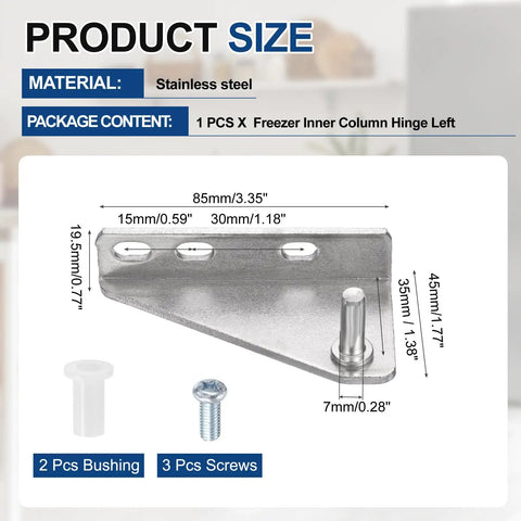 Stainless Steel Fridge Hinge Replacement With Left Shaft Zero Point Two Eight Inch Diameter And One Point Three Eight Inch Spacing Includes Screws And Bushings For Refrigerator Door Easy Install Durable Rust Resistant.