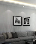Living room with Easy Peel and Stick Wallpaper 20.8 by 393 Inches Removable Self Adhesive Non Woven Wall Covering with 3D Embossed Stripe Modern Silver Grey.