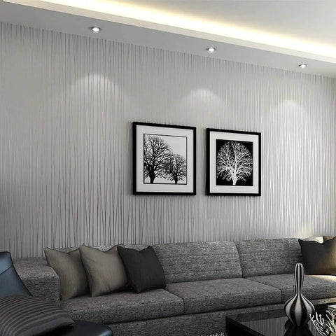 Living room with Easy Peel and Stick Wallpaper 20.8 by 393 Inches Removable Self Adhesive Non Woven Wall Covering with 3D Embossed Stripe Modern Silver Grey.