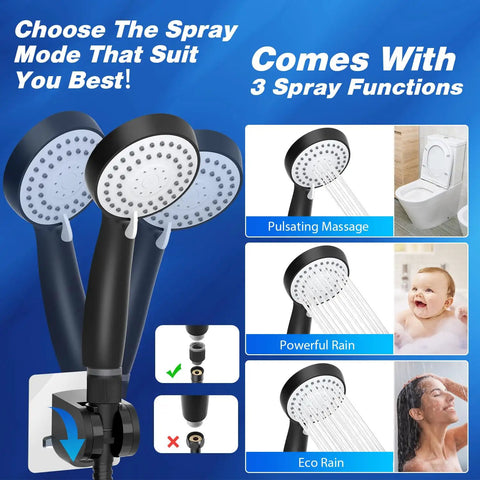High Pressure Handheld Shower Head Set With 59 Inch Stainless Steel Hose And 8 Inch Square Rain Head No Fuss Install