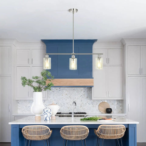 Three Light Pendant With Clear Glass Shades In Brushed Nickel For Kitchen Island And Dining Room Dope Modern Farmhouse Chandelier With Adjustable Height Hanging Light Fixture above kitchen island