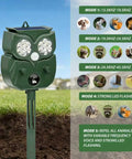 Solar Owl Motion Sensor Deterrent With Ultrasonic Sound And LED Flash Alerts For Outdoor Use Protect Your Garden Yard Patio And Perimeter From Pests Easy Setup Motion Activated Safe For Pets. Green solar owl stake in garden with mode list