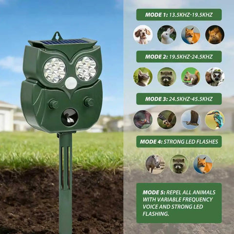 Solar Owl Motion Sensor Deterrent With Ultrasonic Sound And LED Flash Alerts For Outdoor Use Protect Your Garden Yard Patio And Perimeter From Pests Easy Setup Motion Activated Safe For Pets. Green solar owl stake in garden with mode list