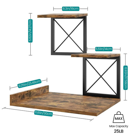 Compact Desk Shelf Organizer Three Tier Storage Riser For Small Desks Rustic Brown Black Finish with dimensions shown