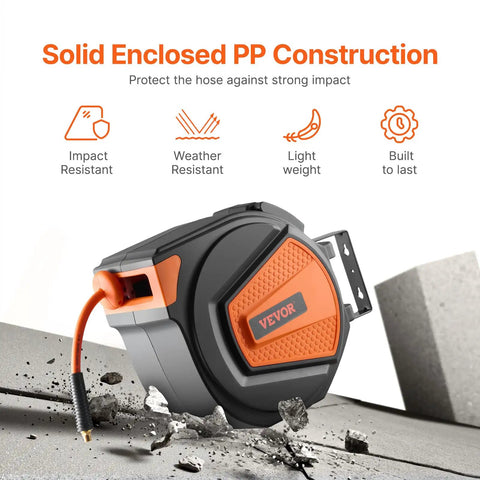 Shop Grade Retractable Air Hose Reel With Sixty Five Foot Three Eighths Inch Hybrid Hose Auto Rewind 300 PSI Ceiling Or Wall Mount Enclosed Reel With Built In One Eighty Degree Swivel Bracket, orange and black design, impact-resistant construction.