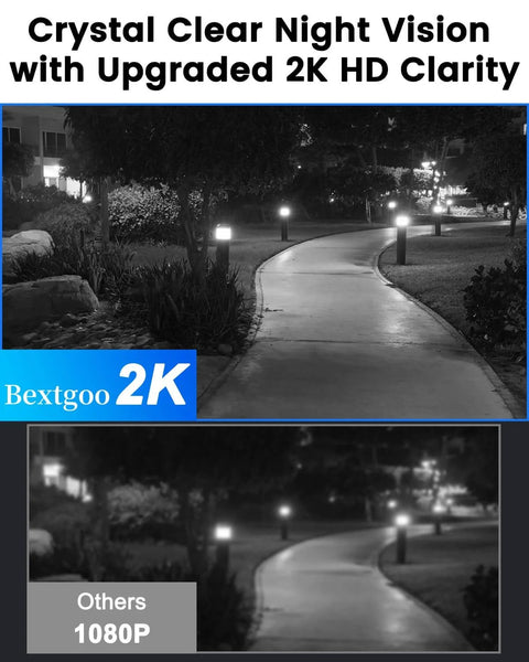 Comparison of 2K and 1080P night vision clarity on a pathway, showcasing upgraded 2K HD night vision technology.