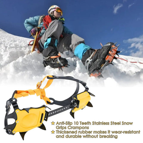 Grippy Anti Slip Ice Crampons with 10 teeth, showing stainless steel spikes for men and women on snow terrain