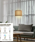 Plug In Pendant Light With 15 Ft Cord And Easy On Off Switch Gray Fabric Shade Hanging Light Fixture in living room with bulb options