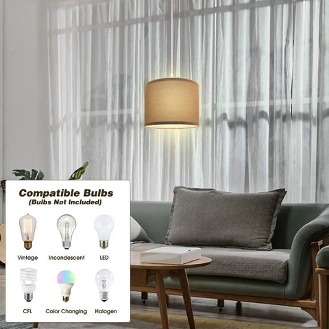 Plug In Pendant Light With 15 Ft Cord And Easy On Off Switch Gray Fabric Shade Hanging Light Fixture in living room with bulb options