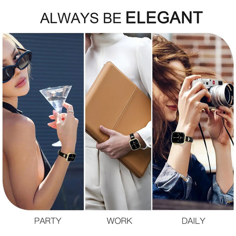 Premium Slim Genuine Leather Apple Watch Band With Chic Bee Charms shown in elegant settings for party, work, and daily wear.