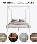 Full Size Canopy Bed Frame with Heavy Duty Metal Slats in White Four-Poster Style, showcasing multifunctional bedding with decorative options.
