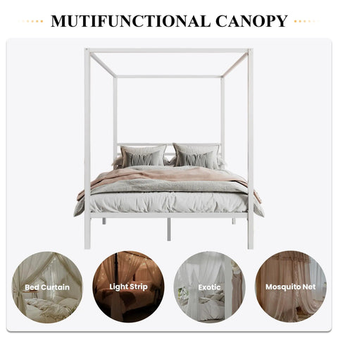 Full Size Canopy Bed Frame with Heavy Duty Metal Slats in White Four-Poster Style, showcasing multifunctional bedding with decorative options.