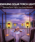 Outdoor Solar Torch Lights Set With 96 LED Beads, 43 Inch Waterproof Landscape Pathway Lamps With Realistic Dancing Flame during sunset.