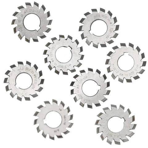 8 Piece Gear Cutter Set HSS Milling Cutters With 20 Degree Pressure Angle for Gear Machining, steel, top view.