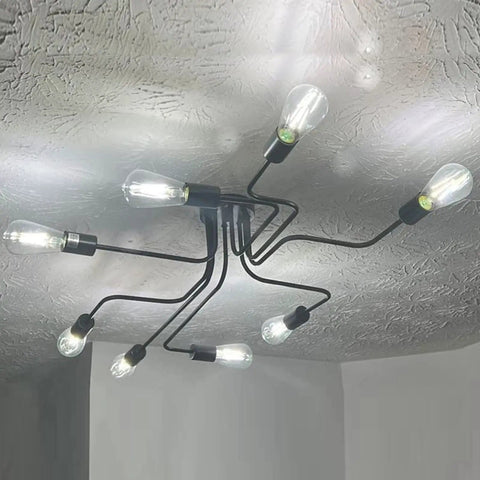 Black Sputnik Ceiling Light Fixture With Eight Adjustable Arms Industrial Semi Flush Mount Chandelier lit up on ceiling