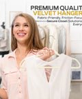 Woman smiling holding white dress on 50 Pack Ultra Slim Velvet Closet Hangers Top Shelf Non Slip Felt Coat Jacket Dress Organizers Space Saving Closet Game Heavy Duty Swivel Hook Smooth Glide Ivory.