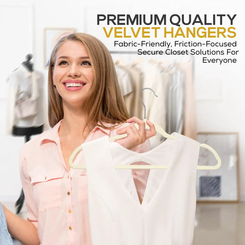 Woman smiling holding white dress on 50 Pack Ultra Slim Velvet Closet Hangers Top Shelf Non Slip Felt Coat Jacket Dress Organizers Space Saving Closet Game Heavy Duty Swivel Hook Smooth Glide Ivory.