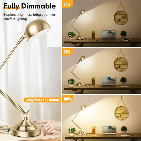 Brass Vintage Desk Lamp With USB Port, Dimmable Touch Control, 3 Color Modes shown in 3 brightness levels for home office use