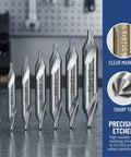 Top Shelf 7 Piece Center Drill Bit Set Crafted From Heavy Duty M2 High Speed Steel With A Sharp 60 Degree Countersink Design Ideal For Lathe Work And Shop Metalworking Tasks Featuring A Dead Reliable Range Of Exact Hole Sizes Included, showing the sharp tips and size markings from 1.0 to 5.0 HSS.