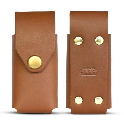 Tan Leather Multitool Holster For Suspension And Suspension NXT Belt Clip Pouch, front and back view with brass rivets
